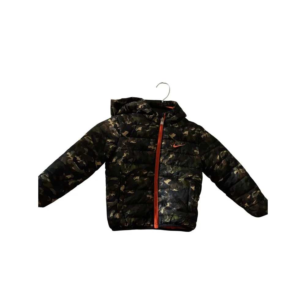 Nike Baby Boys Puffer Jacket 24M Camo Hooded Full Zip Green Orange Swoosh